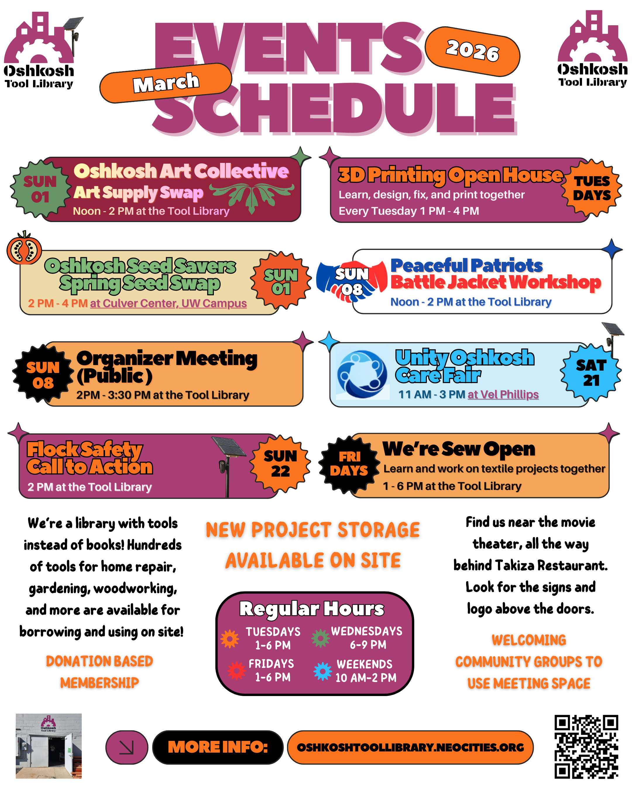 Poster of Oshkosh Tool Library March 2026 Events and Workshops